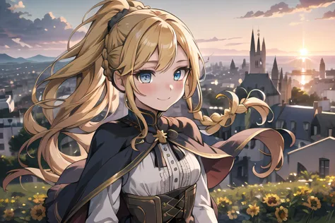 best quality, masterpiece, extremely detailed, detailed background, 1girl, solo, yellow hair, blue eyes, braid, long hair, wavy hair, fluffy hair, ponytail, french braid, blush, smile, capelet, lace trim, bodice, sunset, dusk, scenery, high place, horizon, wind, wind blow, flowerbed, looking at viewer, depth of field, bokeh