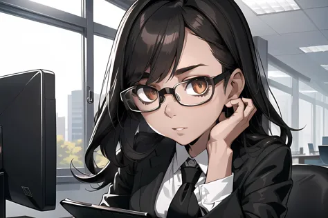 anime girl in glasses sitting at a desk with a computer