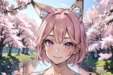 anime girl with pink hair and ears in front of a pond