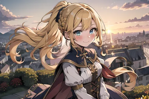 best quality, masterpiece, extremely detailed, detailed background, 1girl, solo, yellow hair, blue eyes, braid, long hair, wavy hair, fluffy hair, ponytail, french braid, blush, smile, capelet, lace trim, bodice, sunset, dusk, scenery, high place, horizon, wind, wind blow, flowerbed, looking at viewer, depth of field, bokeh