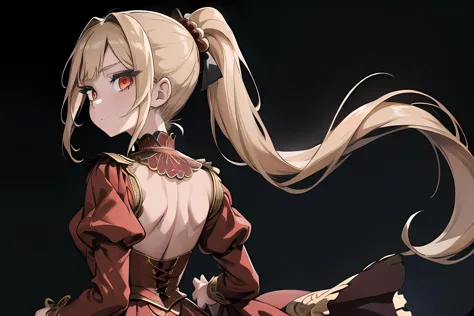 (masterpiece, best quality:1.2), extremely detailed, detailed hair, soft skin,1girl, solo, standing, upper body, from behind,blonde hair, long hair, high ponytail, long ponytail,red eyes, long eyelashes, thick eyelashes, looking at viewer,reddress, backless dress, ornate dress, puffy skirt, long skirt, puffysleeves, juliet sleeves, long sleeves,black background,