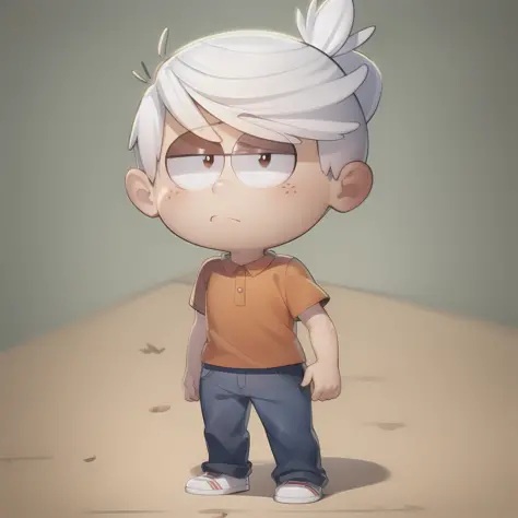 ((masterpiece, best quality)),(complex light),solo, solo focus, full body,1boy,lincoln loud, blue pants, simple background, standing,brown eyes, white hair,