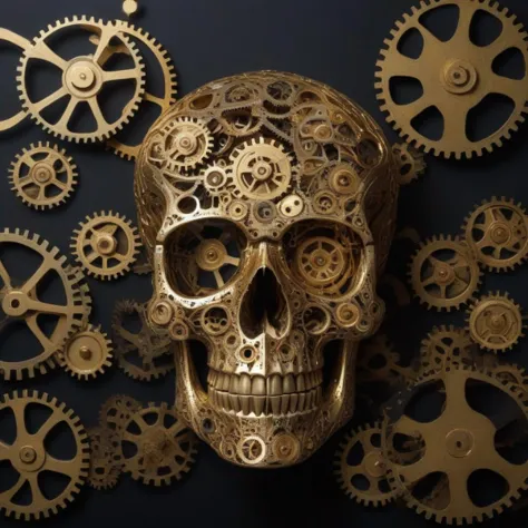 there is a gold skull with gears on a blue background