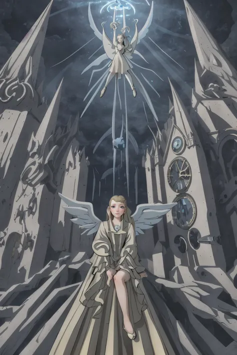 anime - style image of a woman sitting on a throne with a light shining above her