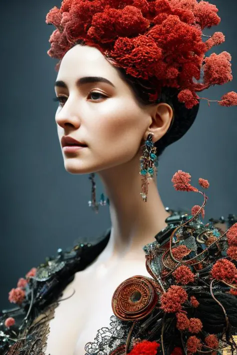 a woman with red flowers in her hair and a black dress