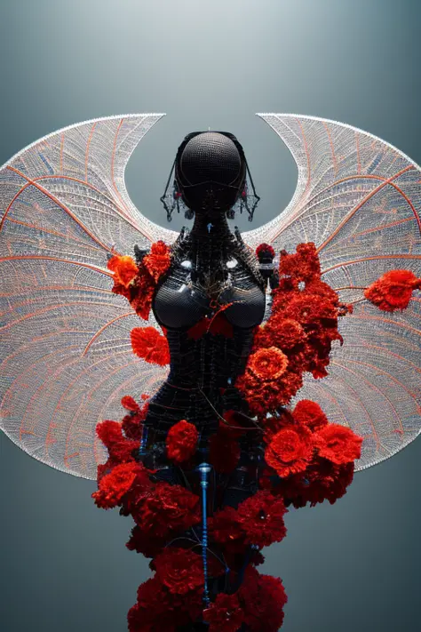 complex 3d render ultra detailed of a beautiful death angel, biomechanical cyborg, analog, 150 mm lens, beautiful natural soft rim light, big leaves and stems, roots, fine foliage lace, colorful details, samourai, Boris Bidjan Saberi outfit, pearl earring,...