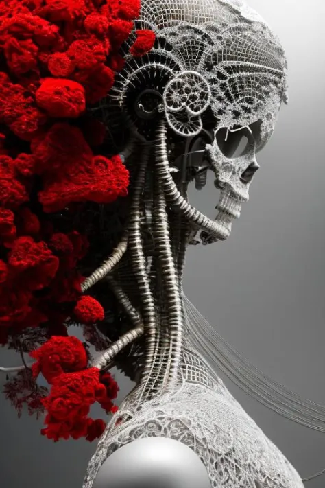 complex 3d render ultra detailed of a beautiful death angel, biomechanical cyborg, analog, 150 mm lens, beautiful natural soft rim light, big leaves and stems, roots, fine foliage lace, colorful details, samourai, Boris Bidjan Saberi outfit, pearl earring,...