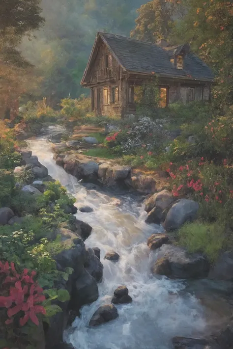 fantasy art, dreamy cottage, water stream, colorful flowers, pebbles, bush, setting sun.
<lora:epi_noiseoffset2:0.3>, best quali...
