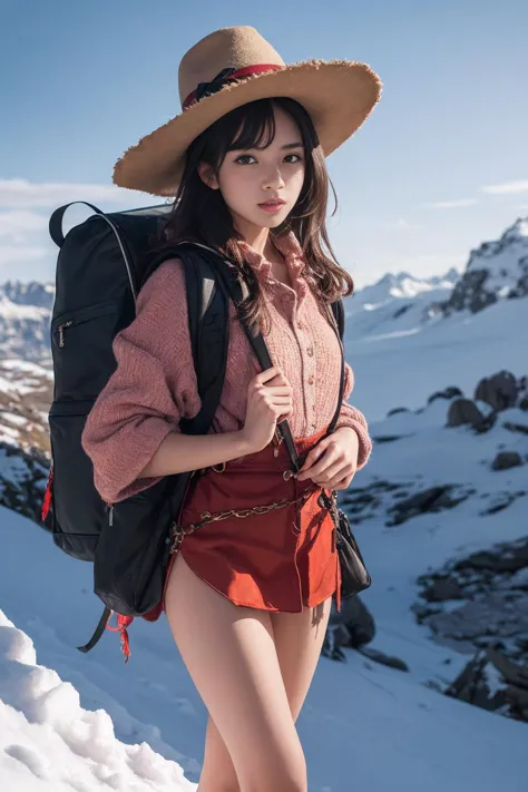 Adventurous cute girl, (beautiful supermodel), orientalism, (upper thighs shot), donned a tiny explorer's hat and carried a mini...