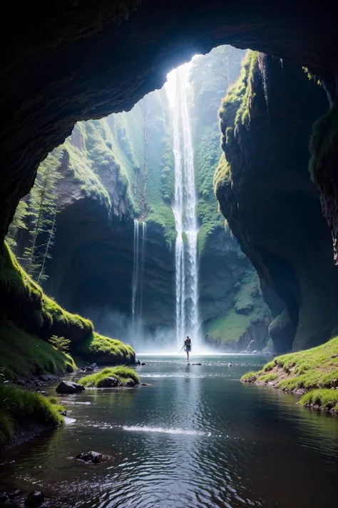 ((1girl,forest, grass, lake, light rays, mountain, nature, outdoors, river, scenery, tree, water,a mountain goat standing on top...