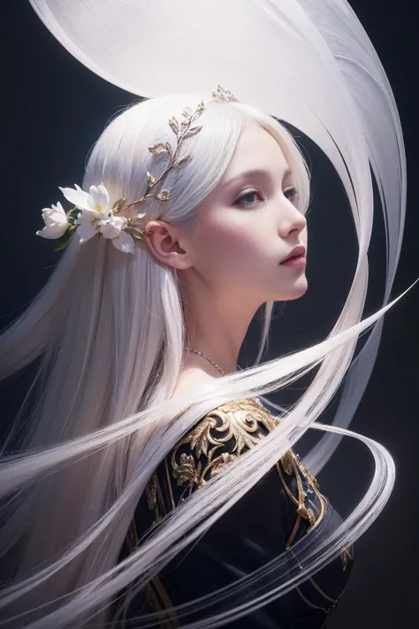 ((gorgeous princess)), (with long flowing white hair), (bright and beautiful eyes), trending on Art Station, flower of hope by J...