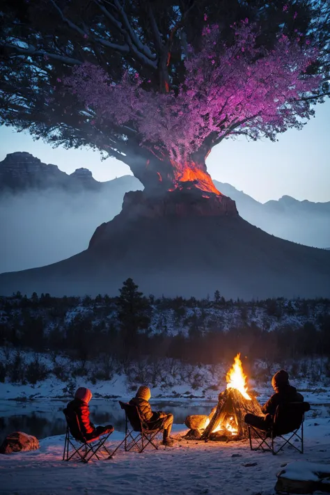 a photo of two people camping near a glass volcano in the grand canyon, surrounded by ice forest, volcano is spewing colorful fu...