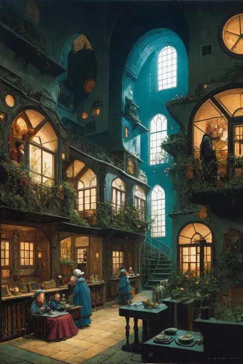 full frame shot, a fussy house with windows and stuff on it's side and people inside, Daniel Merriam, fairy tale illustration, a...