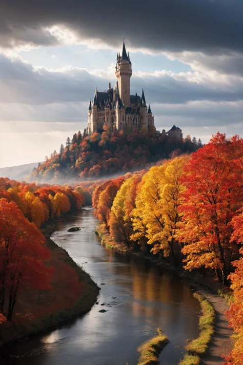 a river runs through a beautiful and colorful fairy tale valley, thick autumn forest, Huge majestic gothic castle, storm, tornad...