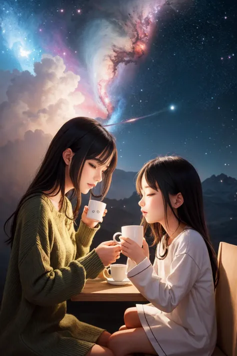 two mugs with cute 3d character faces, filled with coffee, sharing a cozy moment together on a fantasy art wall, at night, brigh...