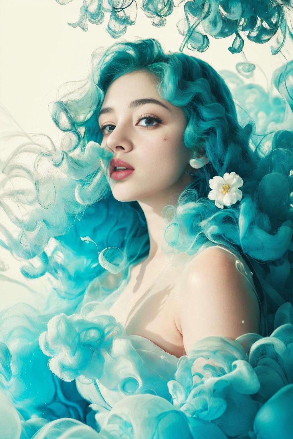 A close up of a woman with blue hair and a flower in her hair - SeaArt AI