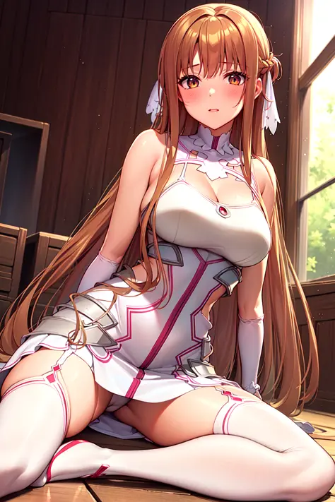 ((masterpiece)), best quality, ultra detailed,(1girl), long hair,beatiful background, indoors,((a dress with white stockings on garters)), breasts,  (sitting), good legs, front view,  confused face, wariza, <lora:stacia-v1.1:0.6>