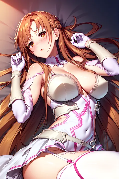 ((masterpiece)), best quality, ultra detailed,(1girl), long hair,beatiful background ,((a dress with white stockings on garters)), breasts, curvy body,lying, looks to the side, worried face,shows the ass,  <lora:stacia-v1.1:0.6>