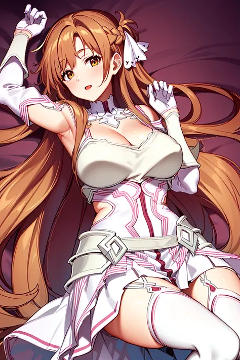((masterpiece)), best quality, ultra detailed,(1girl), long hair,beatiful background ,((a dress with white stockings on garters)), breasts, curvy body,lying, happy, <lora:stacia-v1.1:0.6>