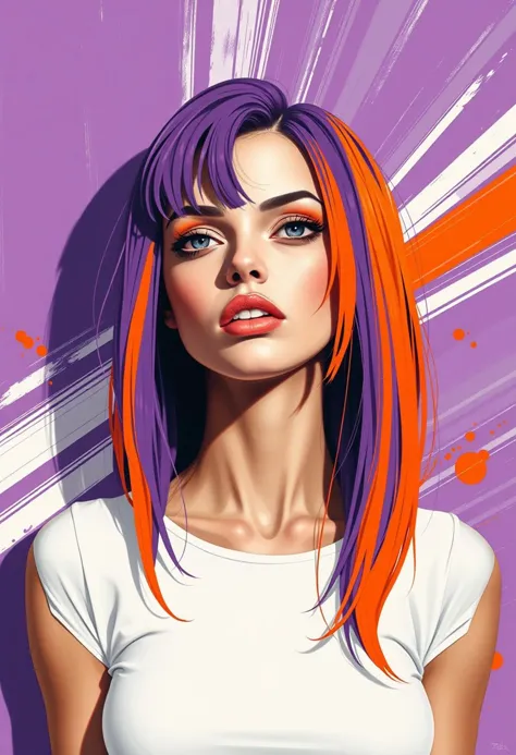 semirealistic futuristic looking woman with purple and orange hair in the style of tom whalen, flat colors, purple orange and wh...