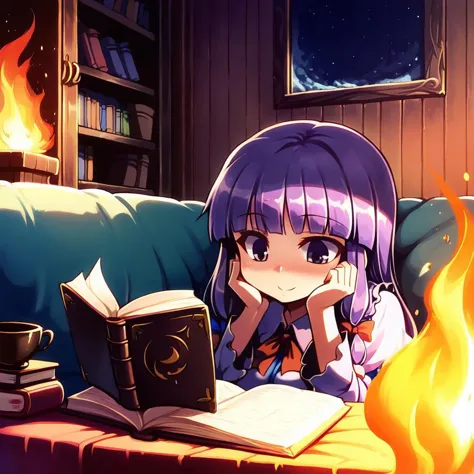 Expressive, score_9, score_8_up, score_9_up, masterpiece, absurdres, best resolution, high quality, highly detailed, indoors, detailed background, very close, solo, perfect face, face focus, 1girl, patchouli knowledge from touhou project, living room, chimney, fire, reading a book, hot cocoa, sitting on the couch,