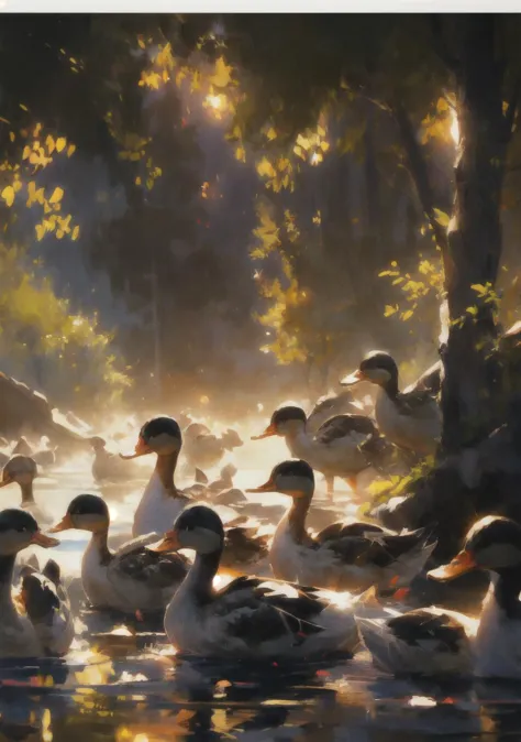 ducks,<lora:duck_20230805184525:0.8>,duck,a lot of ducks swimming in a pond, AS-AdultV2,cowboyshot,dynamic angle,(fantasy style:...