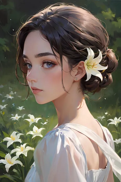 oil painting,Best quality,masterpiece,1girl,beautiful_face,eyebrows_visible_through_hair,lily_\(flower\),dress,holding_flower,from_side,