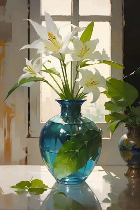 (oil painting:1.1),window, (Chinese painting), ((close-up)), white perfume lily, no humans,traditional media,vase, scenery,shadow,still life,leaf,painting,medium,indoors, <lora:BearlySD:0.85>