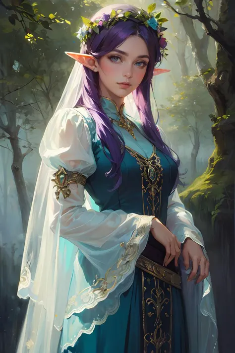 oil painting,oil painting with brushstrokes,  masterpiece,best quality,1girl, cowboy shot of beautiful elf queen, purple hair, o...