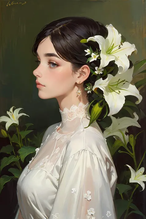 oil painting,Best quality,masterpiece,1girl,beautiful_face,eyebrows_visible_through_hair,lily_\(flower\),dress,holding_flower,fr...