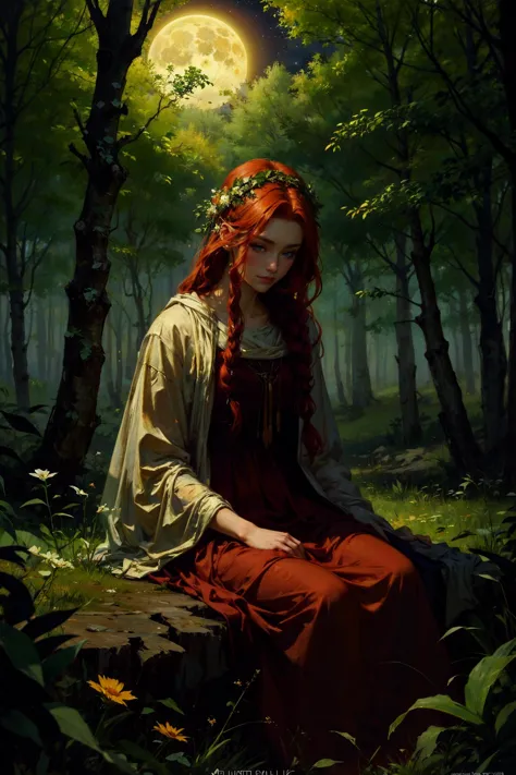 oil painting, druid queen, laurel, long red hair, flower braid, sitting, seductive, beautiful face, smirk, trees, full moon, moo...