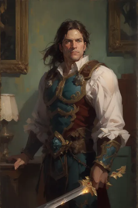 a painting of a man in a blue and red outfit holding a sword