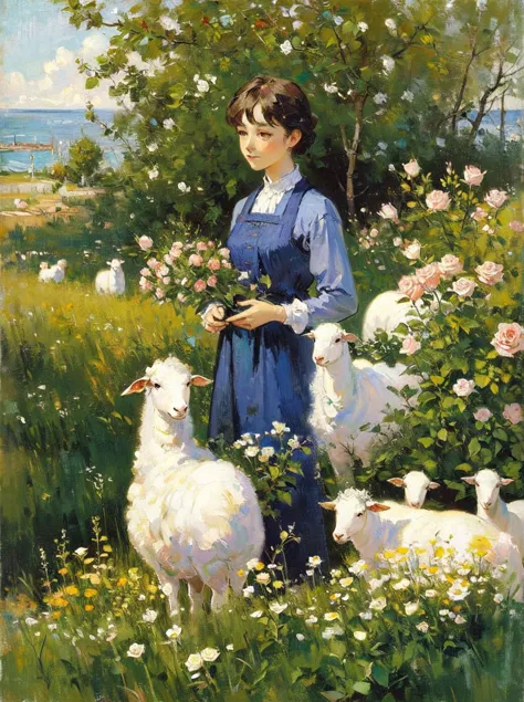 a painting of a woman in a blue dress standing in a field of sheep