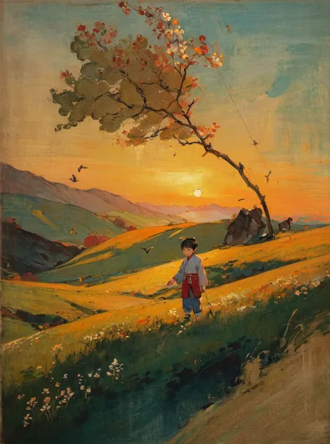 a painting of a boy walking in a field with a tree