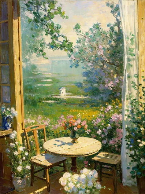 (Masterpiece:1.2), (best quality:1.2), (super high resolution:1.2),
Wooden table, wooden chairs, tablecloths, windows, fluttering curtains, outside the window is a golden rice field, swallows are flying over, there are several books, pen holders, vases on the table, a cozy atmosphere, Impressionist painting, (style of Claude Monet: 1.2)