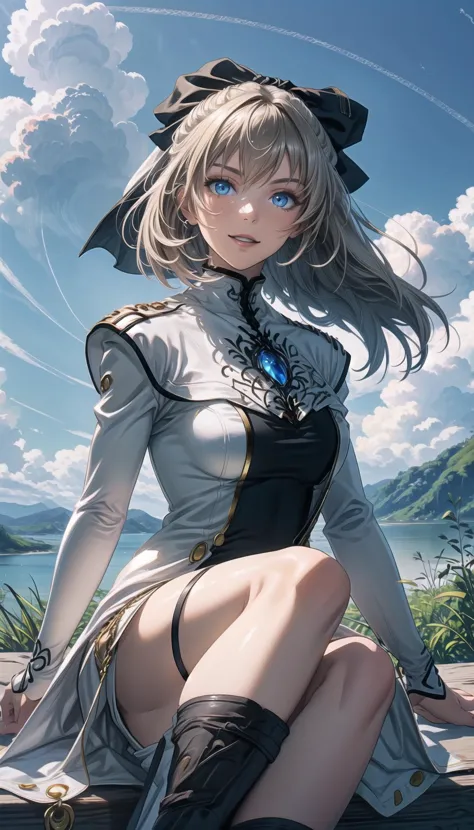 professional art of a dreaming girl, looking to a far, 
cyrille, hair ribbon, white coat, long sleeves, black dress, black thighhighs, gold chains, black bow in hair, sitting, 
sapphire eyes, lightblue eyes, long blond hair, 
clouds sky on bg, outdoors, cloudy sky on bg, detailed background, 
<lora:PAseer-SD15-LCM Quick:0.8>, <lora:add_detail:0.2>, <lora:detail_slider_v4:0.5>, <lora:cyrille-nvwls-v1:0.9>, <lora:Citadel Spices:0.3>