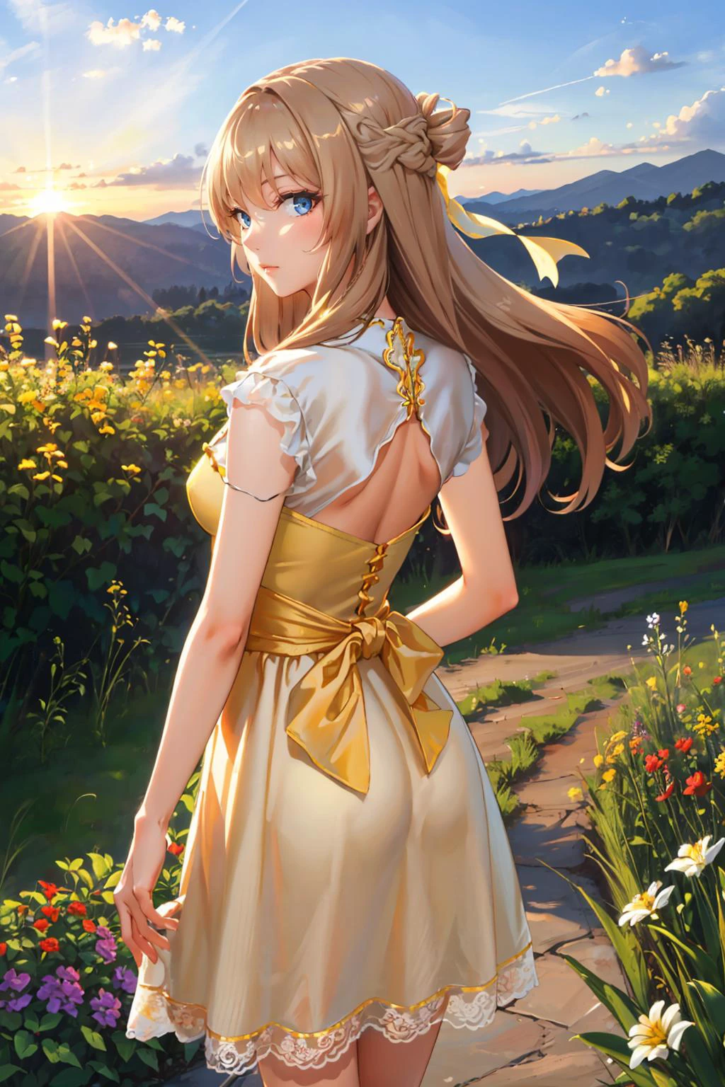 Obra de arte, melhor qualidade, Cirilo, cabelo longo, fita de cabelo, vestido de verão amarelo, por trás, nascer do sol, céu azul, montanhas, canto de jardimgYSD,woman wearing a vestido de verão amarelo