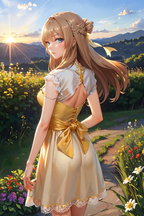 masterpiece, best quality, <lora:cyrille-nvwls-v1-000009:0.9> cyrille, long hair, hair ribbon, yellow sundress, from behind, sun...