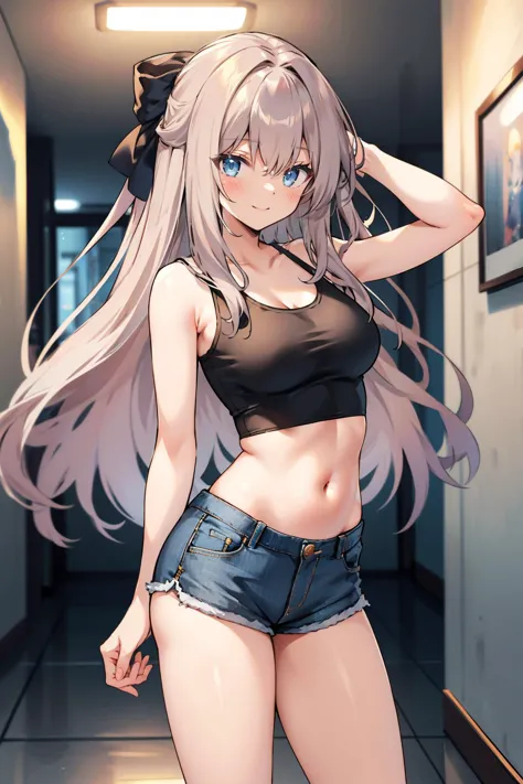 masterpiece, best quality, <lora:cyrille-nvwls-v1-000009:0.9> cyrille, long hair, hair ribbon, blue tank top, midriff, short sho...