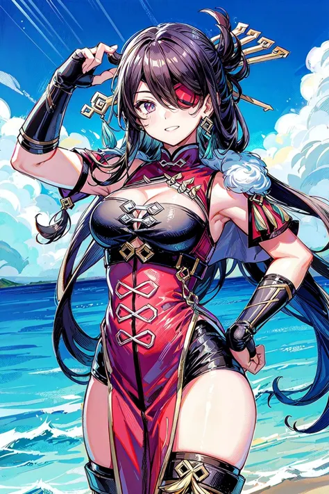 thick outlines, comics, photorealistic, perfect hands, masterpiece:1.2, pirate ship, ocean, chinese landscape, 1girl, solo, standing, <lora:beidou1_64:1>, beidoudef, eye patch, medium breast, detailed background, detailed face, detailed eyes, <lora:add_detail:0.7>