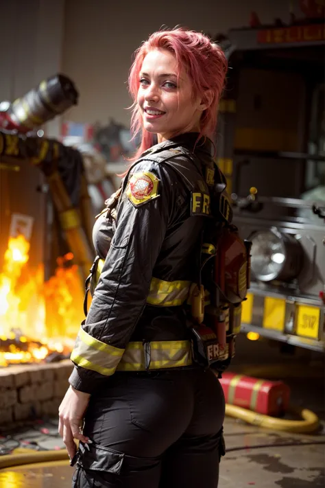 masterpiece, best quality, (photorealistic:1.4), 1girl, full body shot, photo of a beautiful woman, (fireman uniform:1.6), (skinny, athletic:1.1), (spiked hair, pink hair:1.1), detailed face, smiling, red lipstick, big lips, (medium breasts, perfect breast:1.1), cinematic light, fire-station, firetruck in the background, <lora:add_detail:0.8>, from behind, yoga pants, <lora:yogapantsv01:1>, (masterpiece, best quality:1.5)