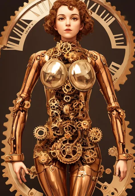 (copper-colored body), Naked Clockwork Woman, beautiful face, Victorian, ((transparent glass upper torso, gears inside)), copper colored gears, articulated arms, articulated legs, Victorian clothing, ((serving tea)), (action), high detail, photorealistic, film grain