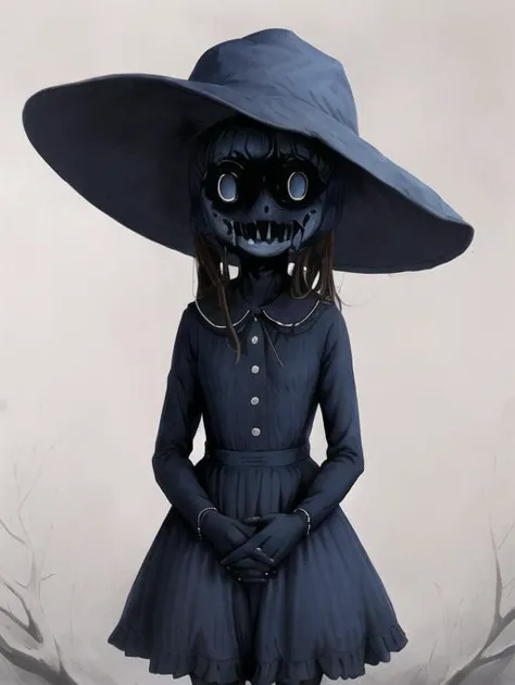 a woman in a blue dress and a large hat with a creepy face