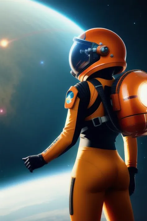 a man in an orange space suit holding a light