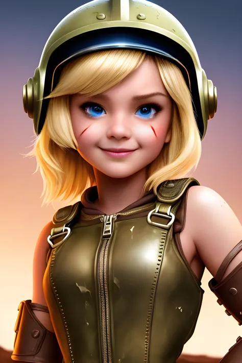 [[cute wasteland warrior]] disney pixar movie, 20 year old woman, disney artwork, blonde_hair, tank_helmet, leather jumpsuit, up...