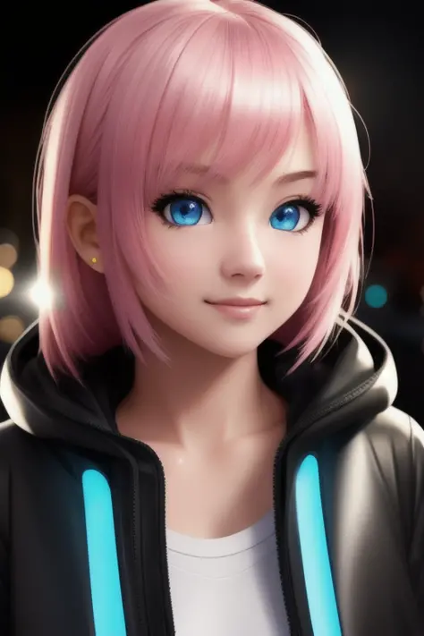 manga, masterpiece, best quality, half body, portrait, night city, 1girl, anime, 3d, japan, pixar, realistic, teen girl, smiling...