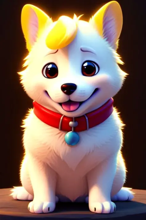 adorable cute white albino corgi in pixar style, disney style, pixar animation, character design, renderman, cozy lighting