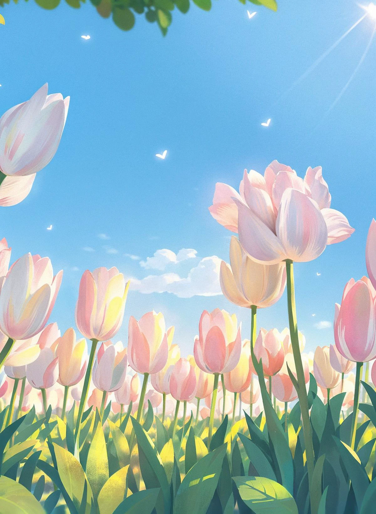 flower, no humans, pink flower, leaf, tulip, still life, plant, outdoors, day, scenery, sky, blue sky, sunlightï¼(illustration:1.0), masterpiece, best quality    
