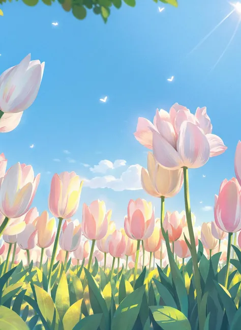 flower, no humans, pink flower, leaf, tulip, still life, plant, outdoors, day, scenery, sky, blue sky, sunlightï¼(illustration:...