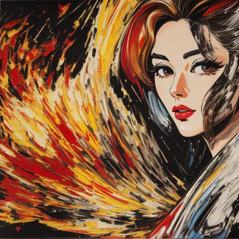 realism oil painting, evocative, lichtenstein, japanese, fire, glitch, <lora:epinoiseoffset_v2pynoise:2>